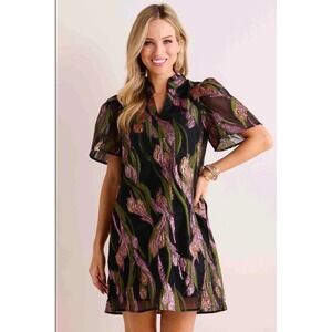 THML Floral Metallic Jacquard Mini Dress SZ L Black Pink Green With Pockets